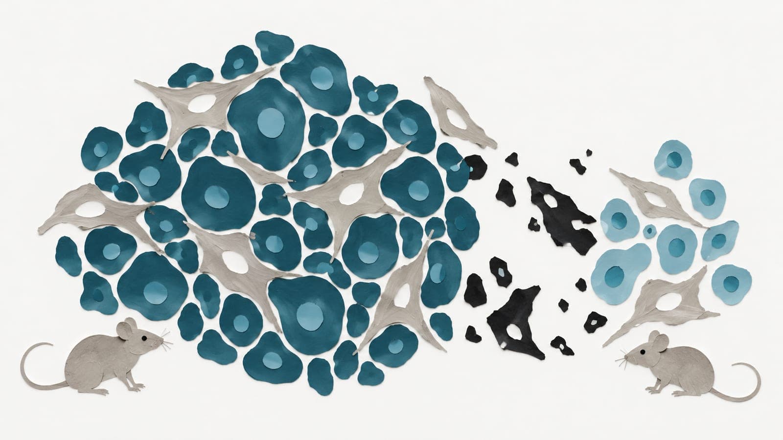 Brain tumor cells form a dense cluster beside one mouse and a sparse cluster beside another, with broken cell fragments between them.