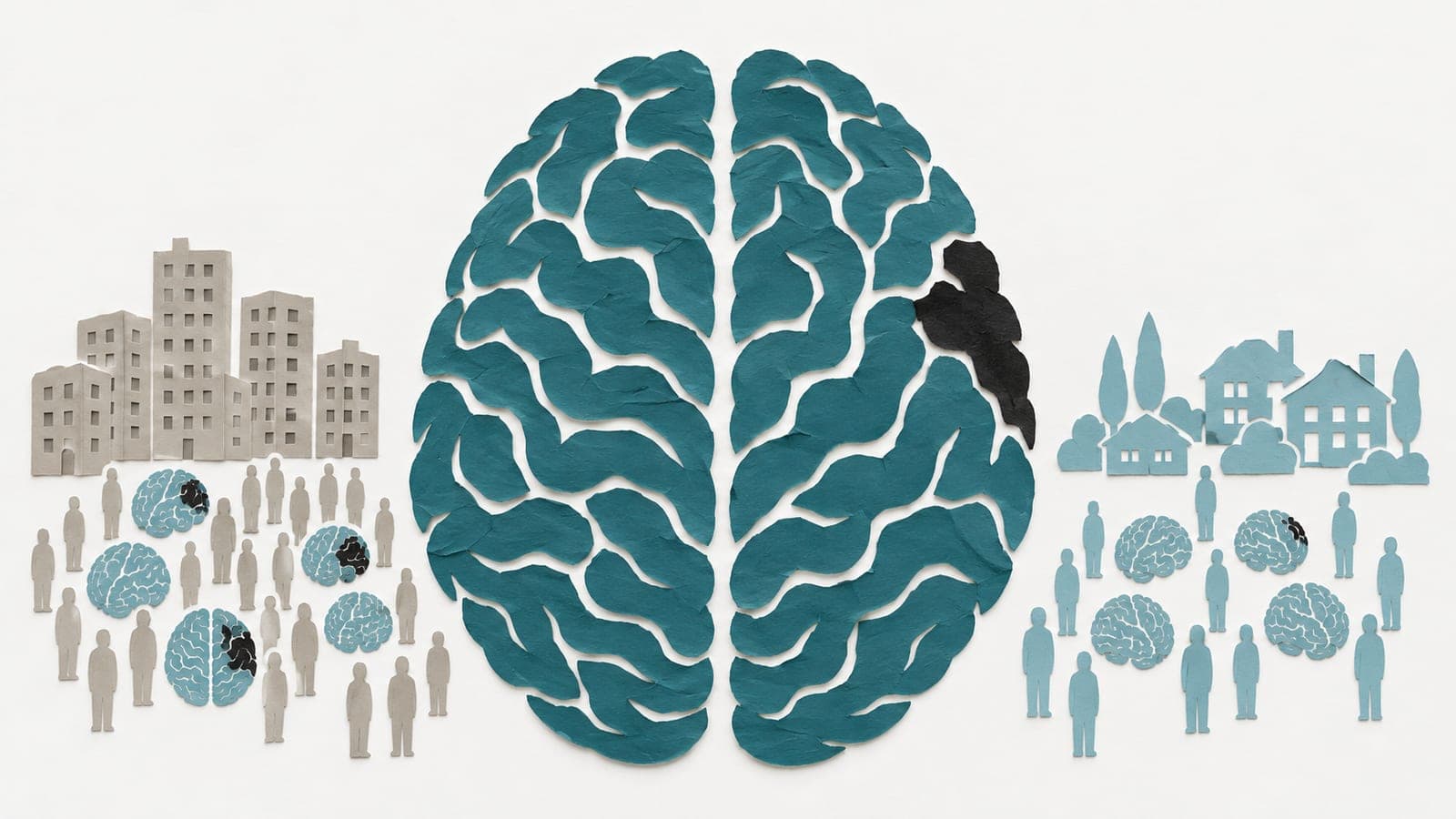 A brain with a dark damaged patch stands between neighborhood groups, with more damaged brains among people by apartments than by spacious houses.