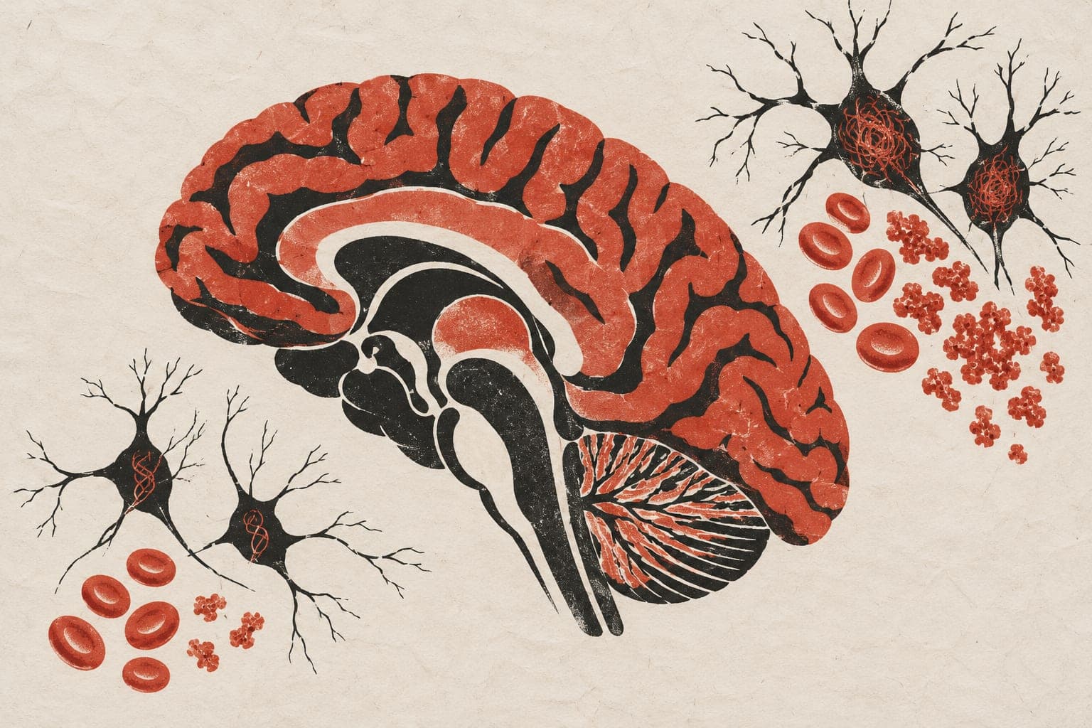 A brain section beside neurons with sparse or dense tangles, paired with blood cells containing few or many protein fragments.