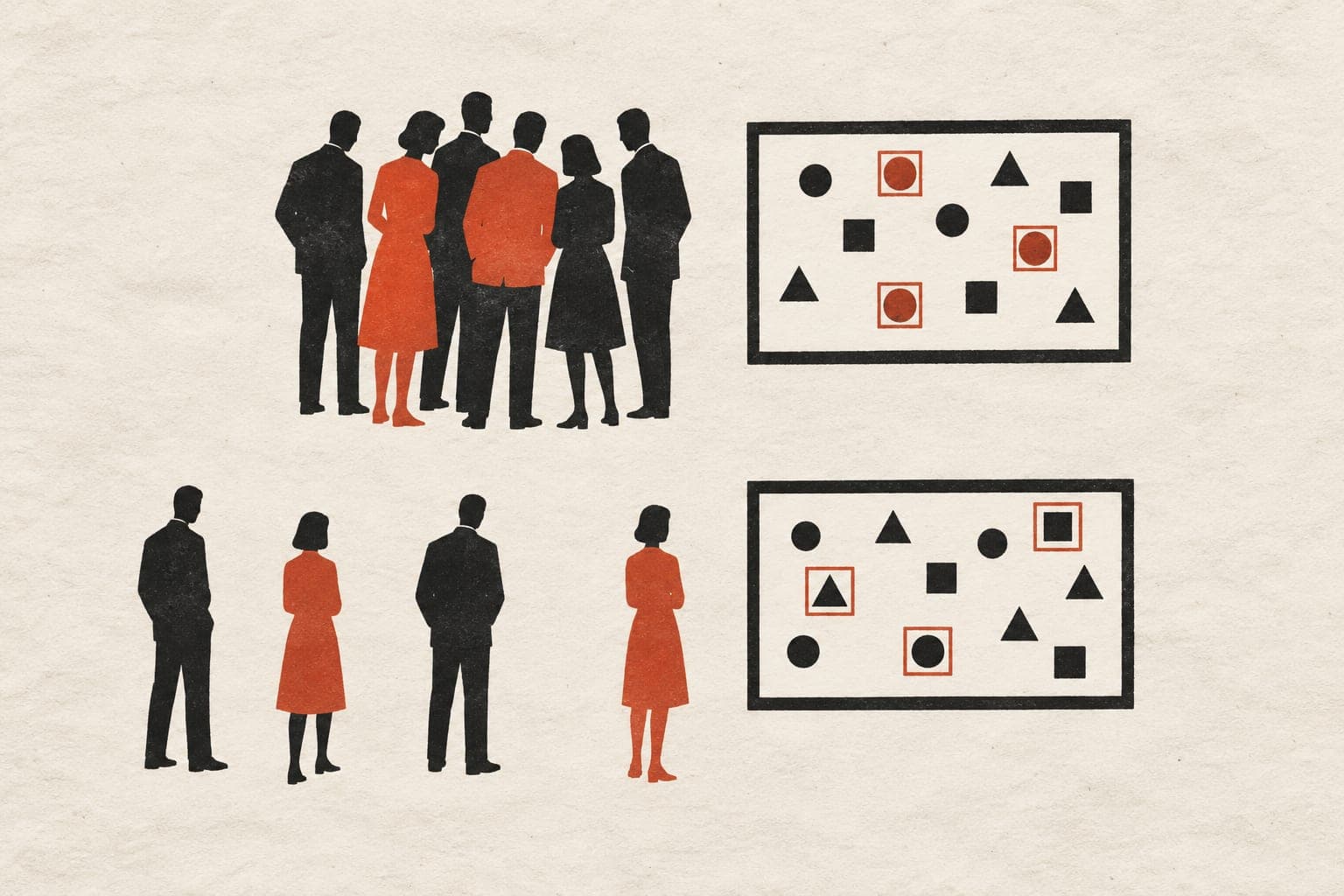 Faceless adults stand together or apart beside attention tasks, with circles selected beside the close group and mixed shapes beside the separated figures.
