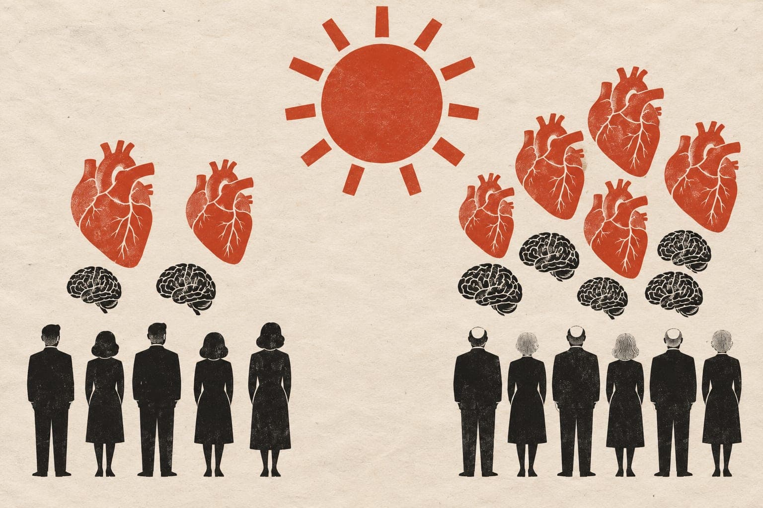 Human hearts and brains cluster more densely above older people than younger people, with a large sun above both upright, faceless groups.