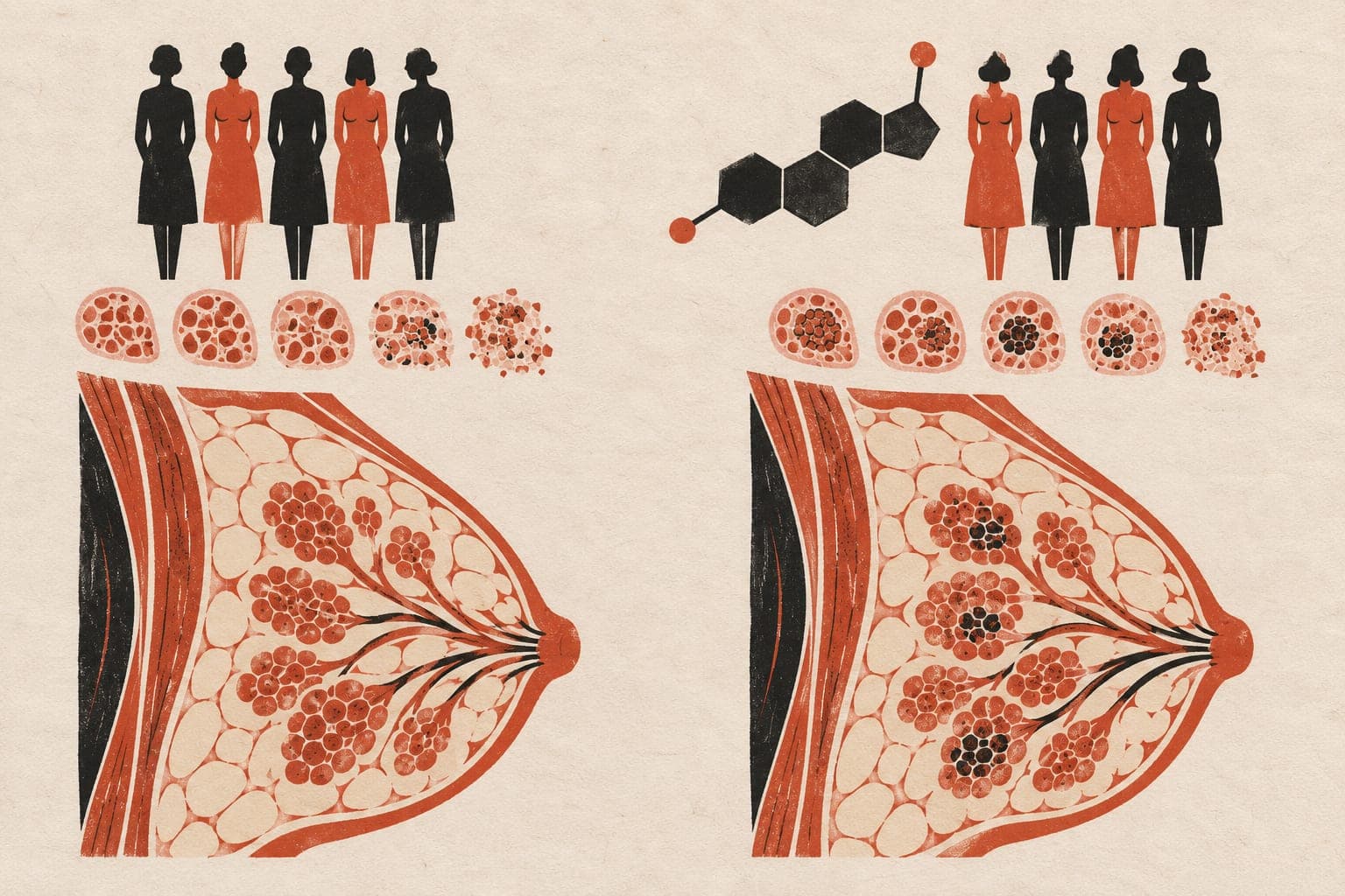 Breast sections beneath groups of women and tissue samples, with more tumour clusters but less tissue breakdown beside a hormone molecule.