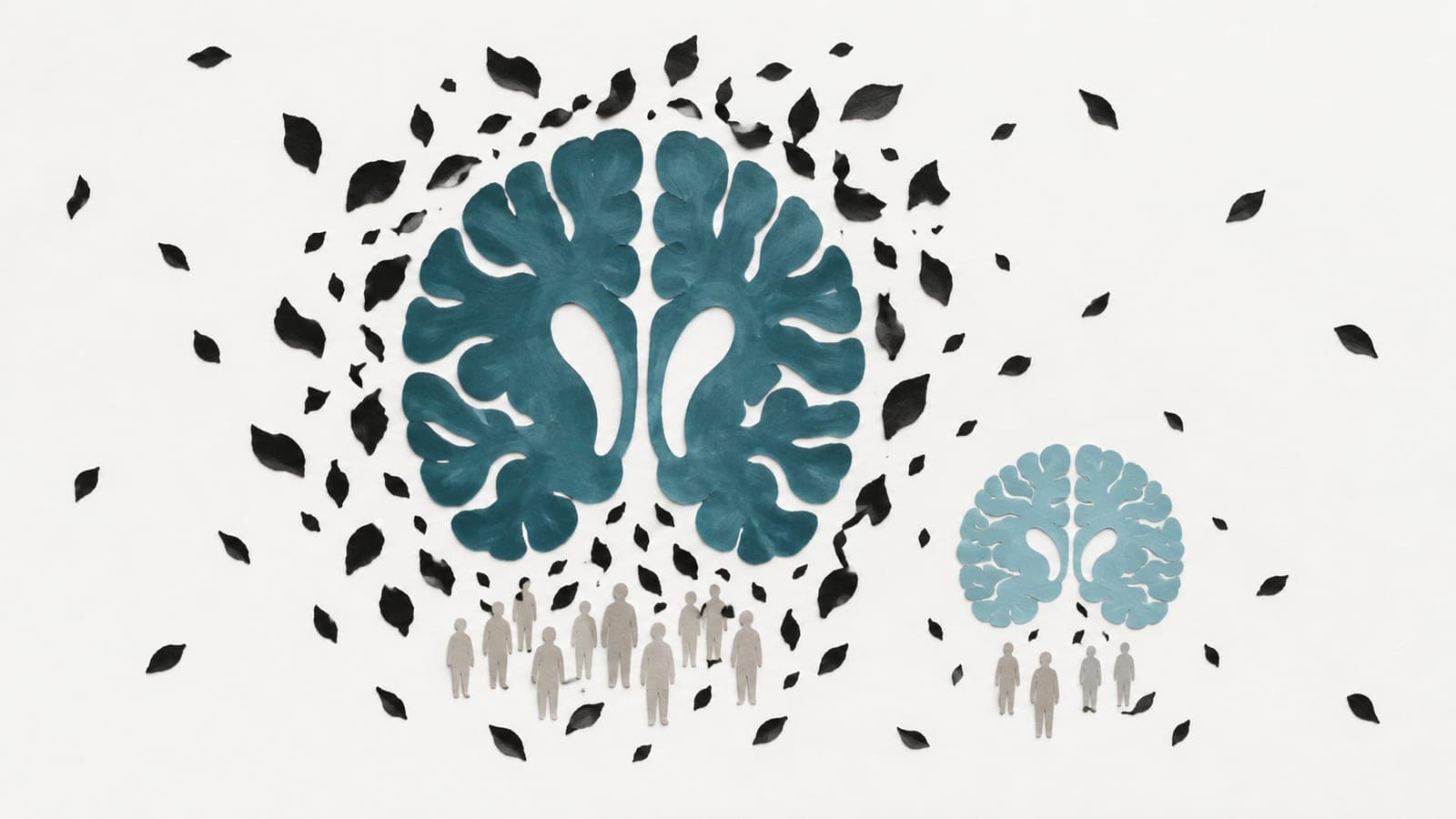 Brain sections above groups of upright people show wider tissue gaps amid dense smoke particles and fuller folds amid sparse particles.