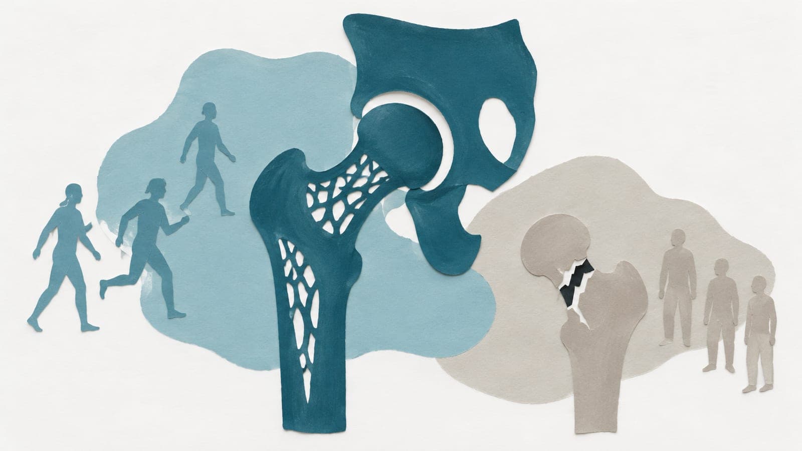 An intact dark blue-green hip joint sits beside walking and running figures, while a smaller grey fractured femur sits beside standing figures.