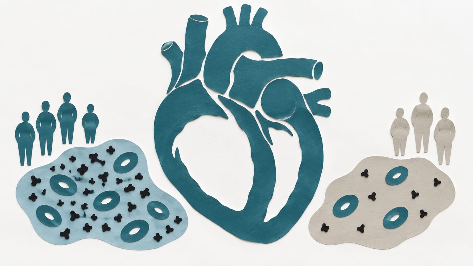 A heart cross-section sits between groups of upright people and blood samples, one densely scattered with dark protein shapes and the other sparse.