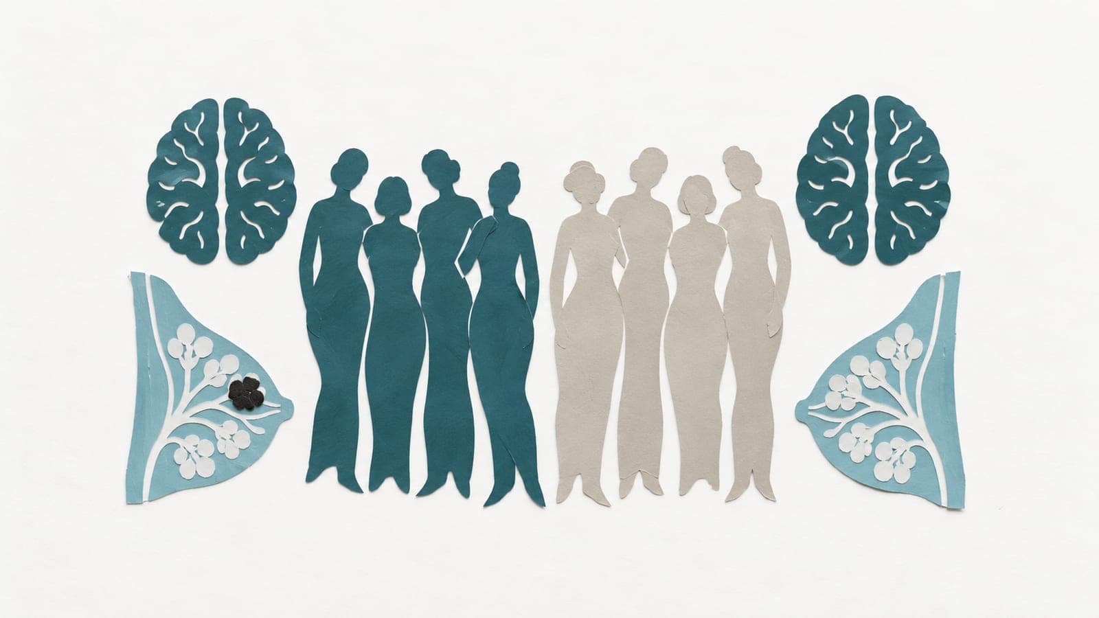 Upright women in dark blue-green and grey stand beside matching intact brains and breast sections, one with a dark lump and one without.