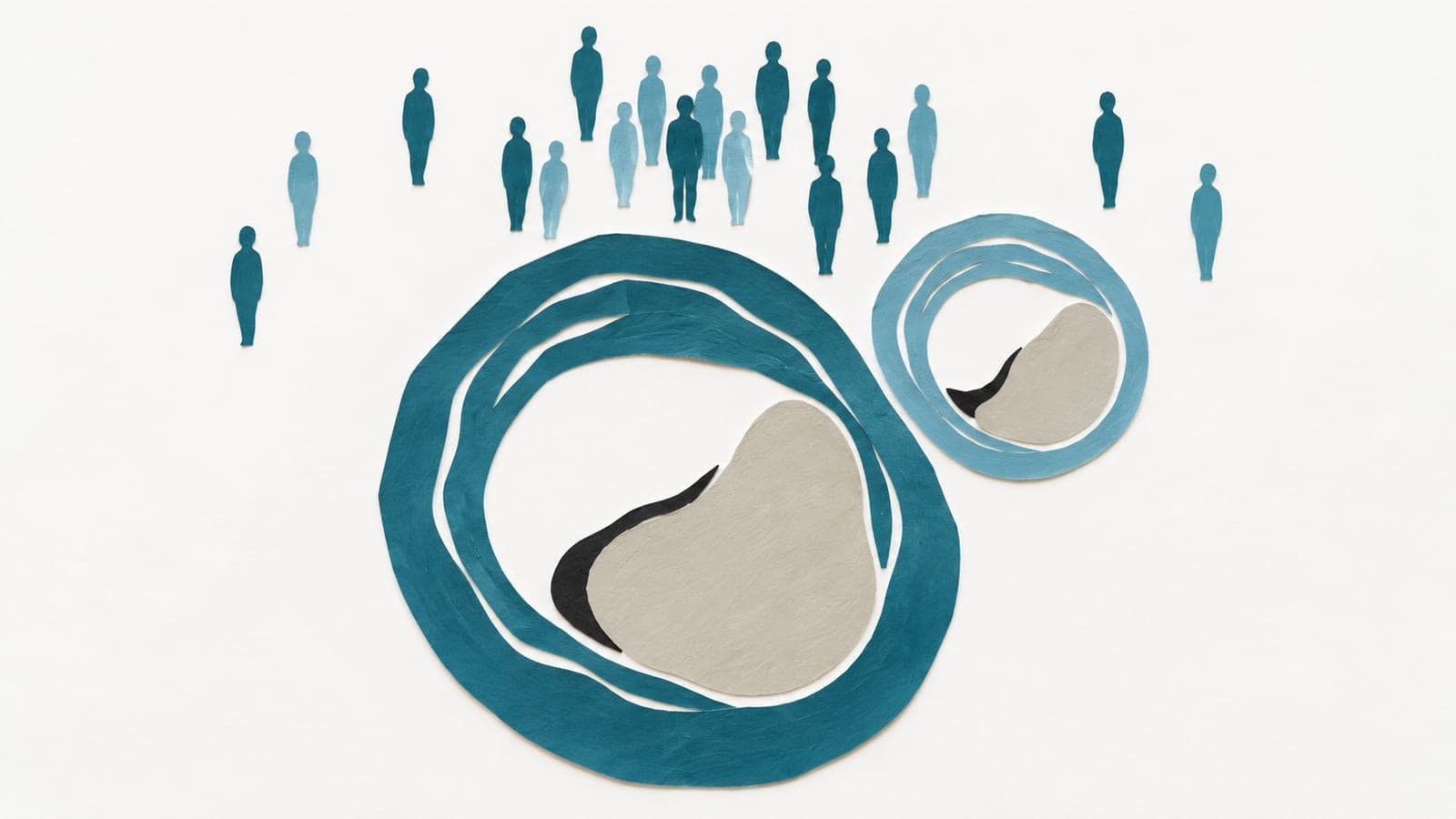 Coronary artery cross-sections of different sizes show similar plaque narrowing beneath a loose group of upright figures, with some standing apart.