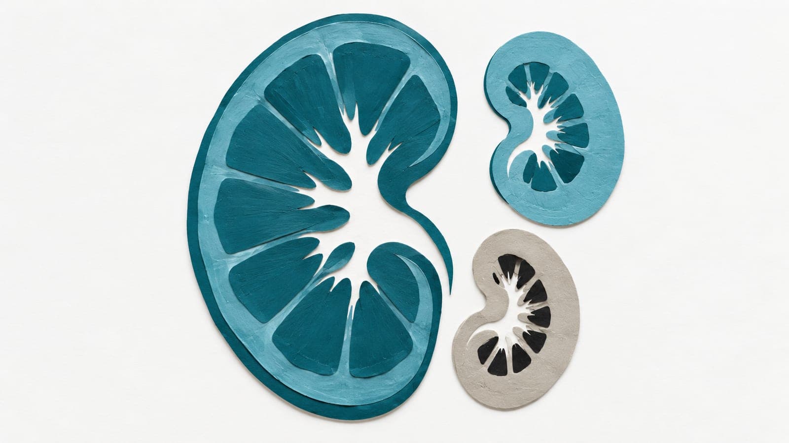 A kidney cutaway beside smaller sections contrasts reduced inner tissue in gray with a thick outer layer in blue-green.