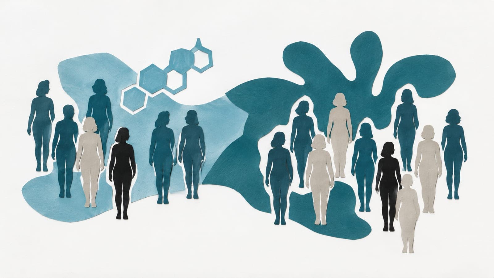 Upright women form two groups, with fewer gray figures beside a hormone molecule and equally sparse black figures in both groups.
