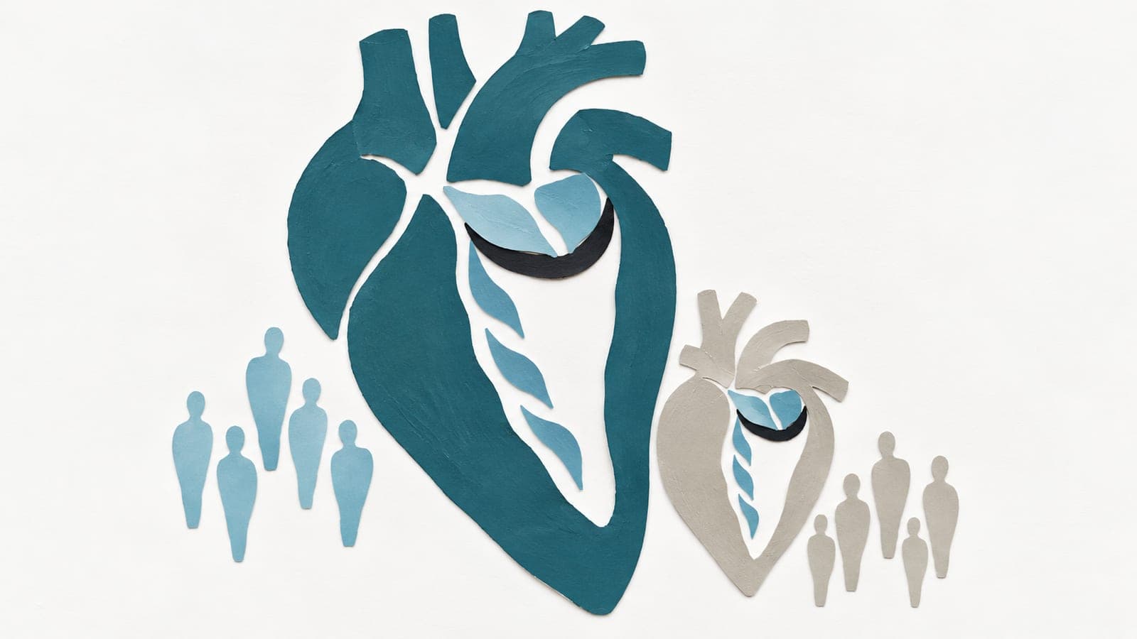 Heart sections, one large and dark blue-green with widely spaced inner shapes, one small and gray with tighter spacing, sit beside groups of upright people.