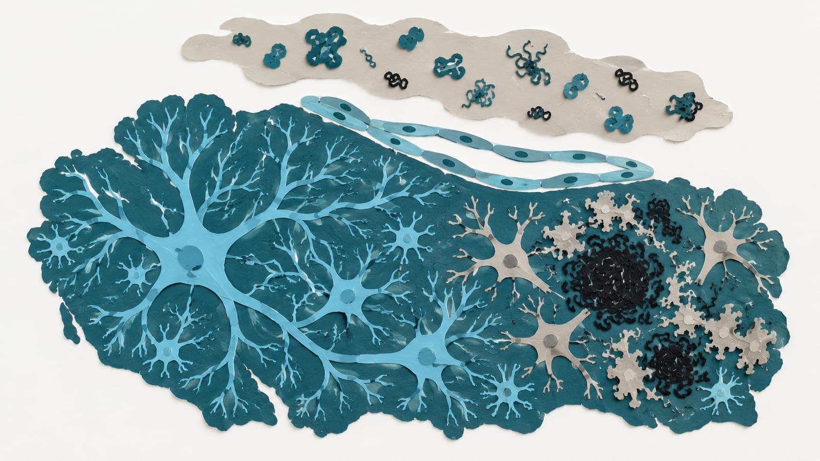 Brain tissue shows full neuronal branches beside sparse branches, dark plaques, and clustered immune cells, with a blood vessel and plasma proteins above.