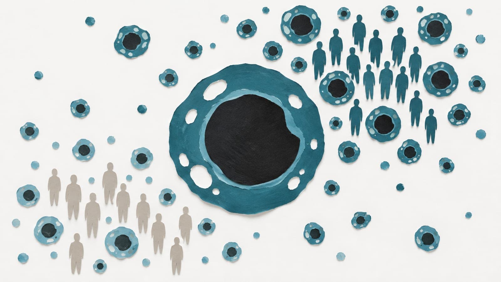 A large memory T cell sits between upright groups of people, with denser immune cells around dark blue-green figures and fewer around gray figures.