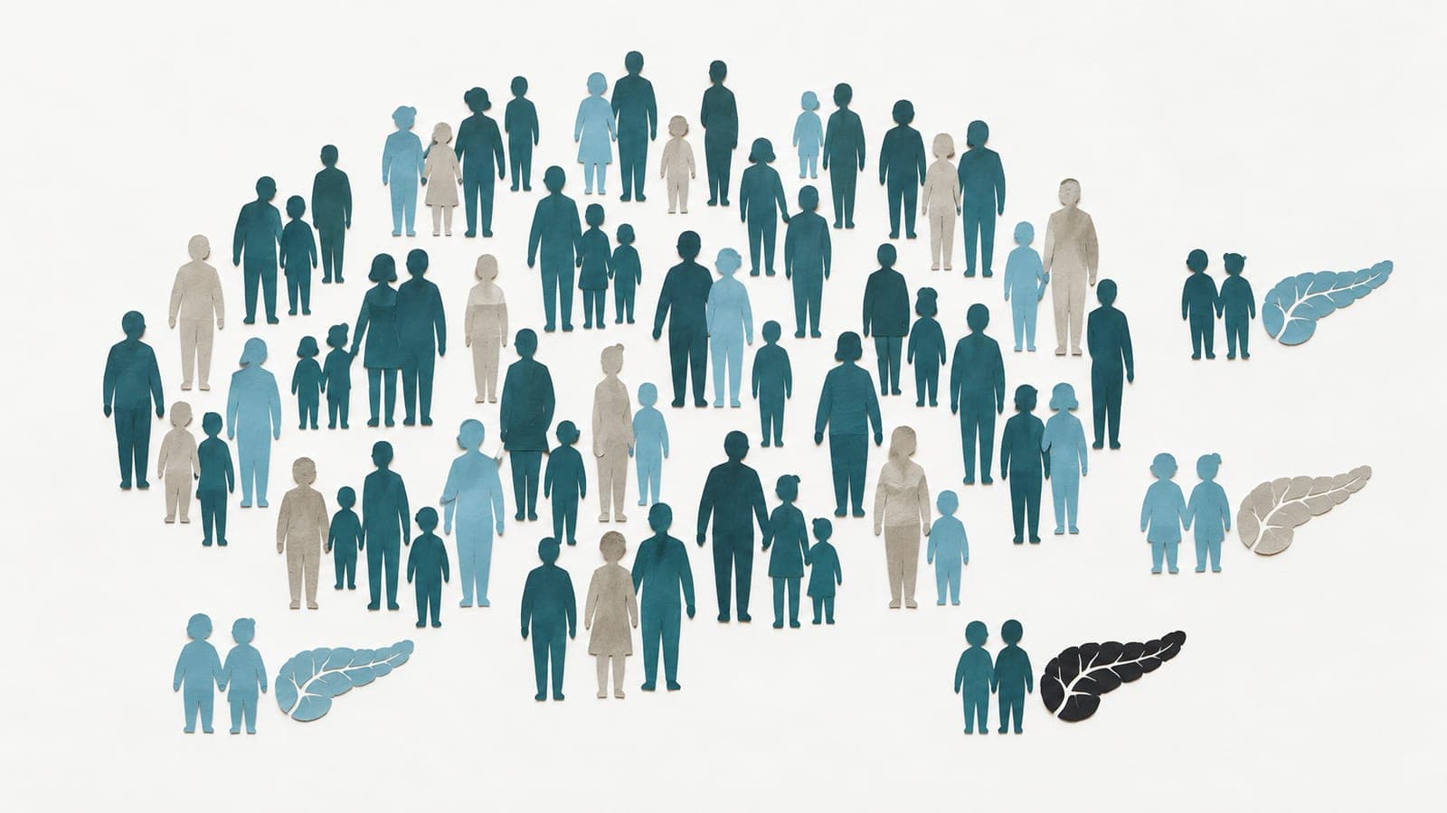 Families form a large crowd, with smaller pairs standing apart beside pale and dark pancreatic forms.