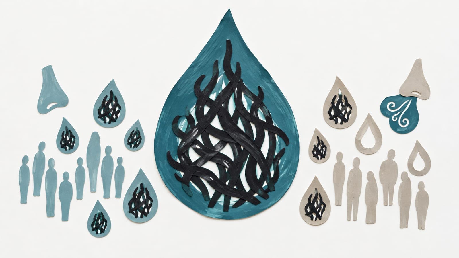 A spinal-fluid drop holds tangled protein fibers, flanked by faceless groups, noses, and smaller drops with fibers more common beside one group.