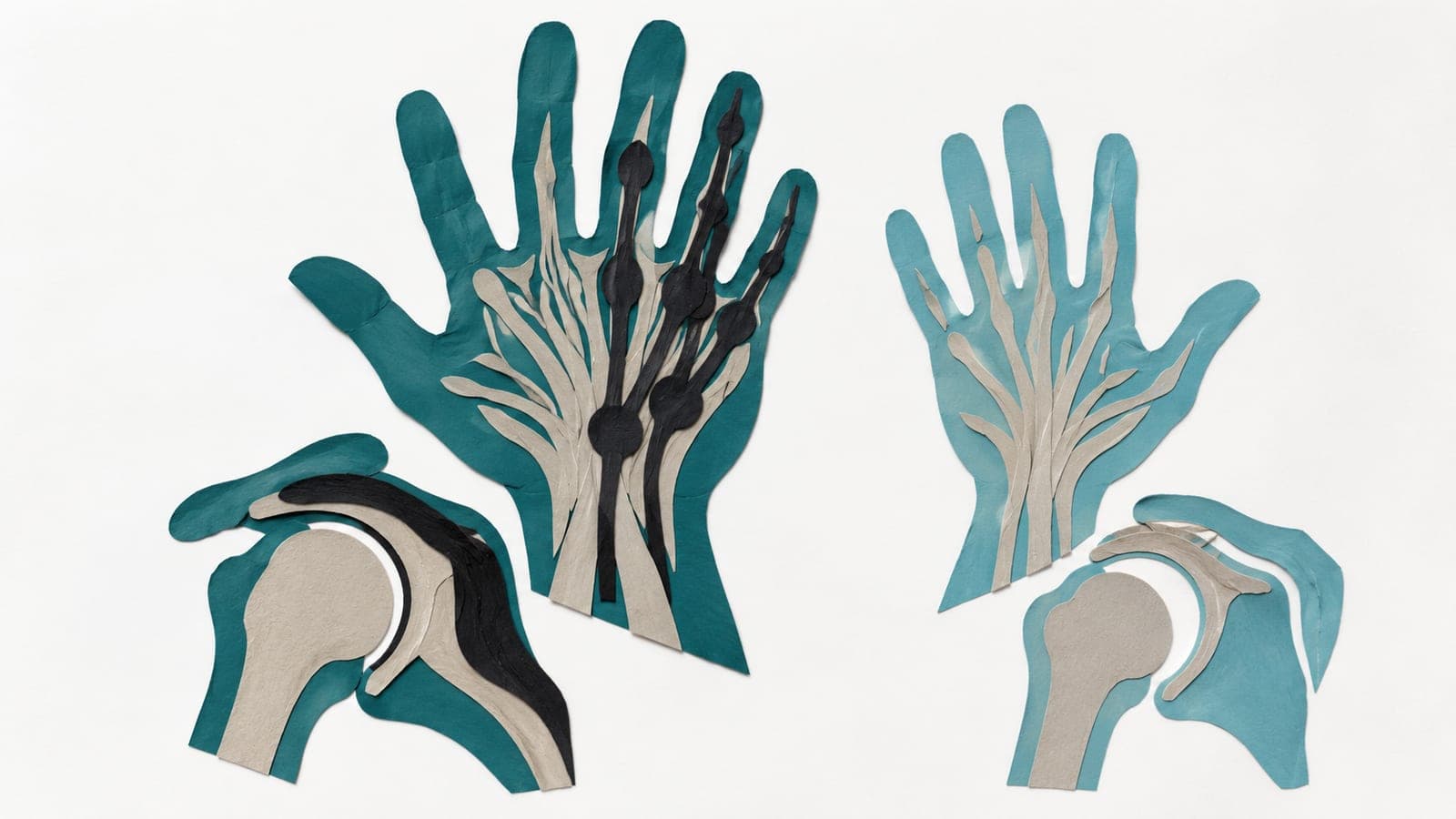Palms with dense, knotted cords versus thin fibers sit above shoulder joints with thickened versus thin capsules.