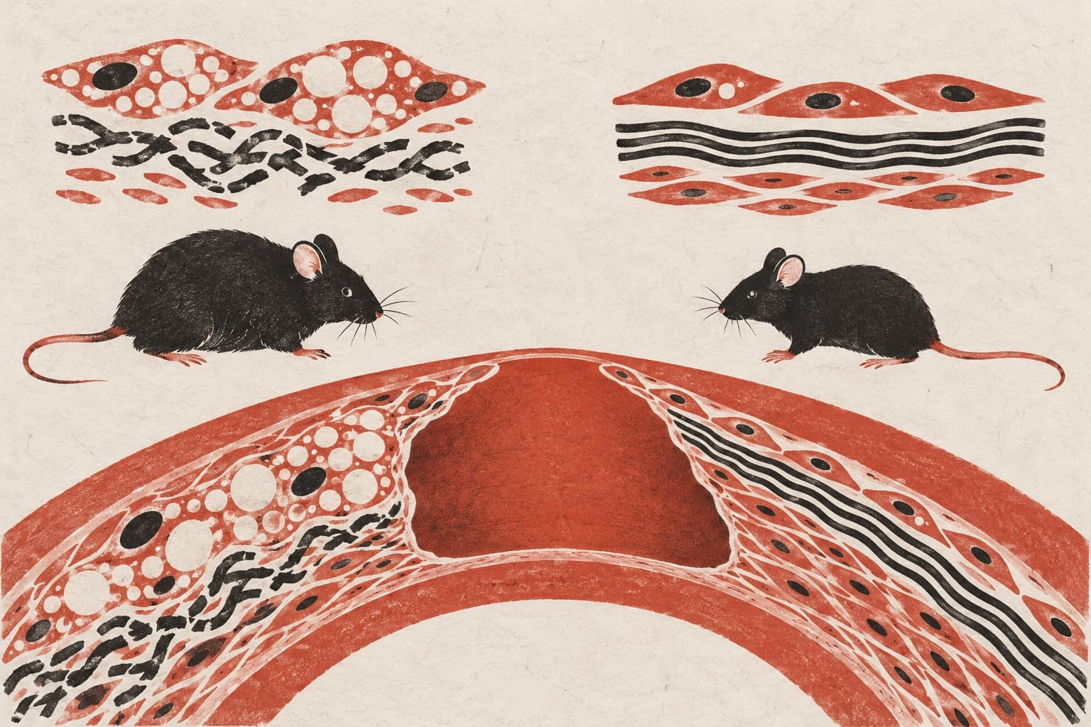 Two mice stand above a vessel wall, contrasting degraded, vacuolated tissue on the left with healthy, organised layers of elastic fibres on the right.
