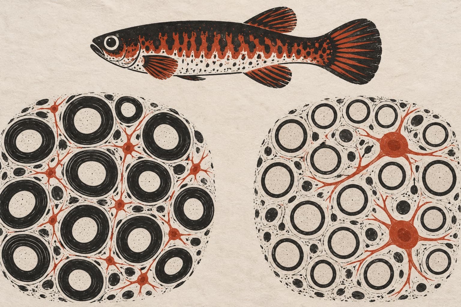 A killifish above two white matter cross-sections, contrasting thick myelin rings with thinned sheaths and enlarged, branching oligodendrocytes.