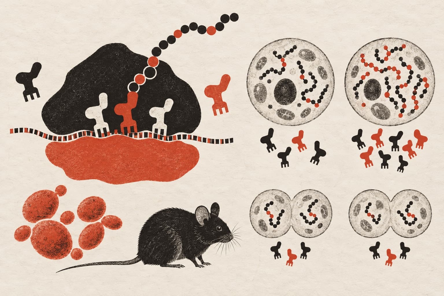 A ribosome translates an mRNA strand, beside a mouse, yeast, and diagrams showing protein errors dense in post-mitotic cells and sparse in dividing cells.