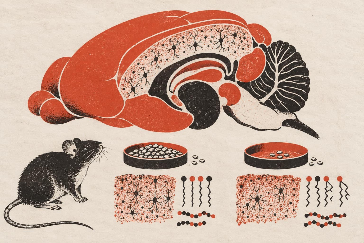 A mouse brain section above a mouse, full and sparse food bowls, dense against sparse brain tissue, straight against kinked lipids, and RNA chains.