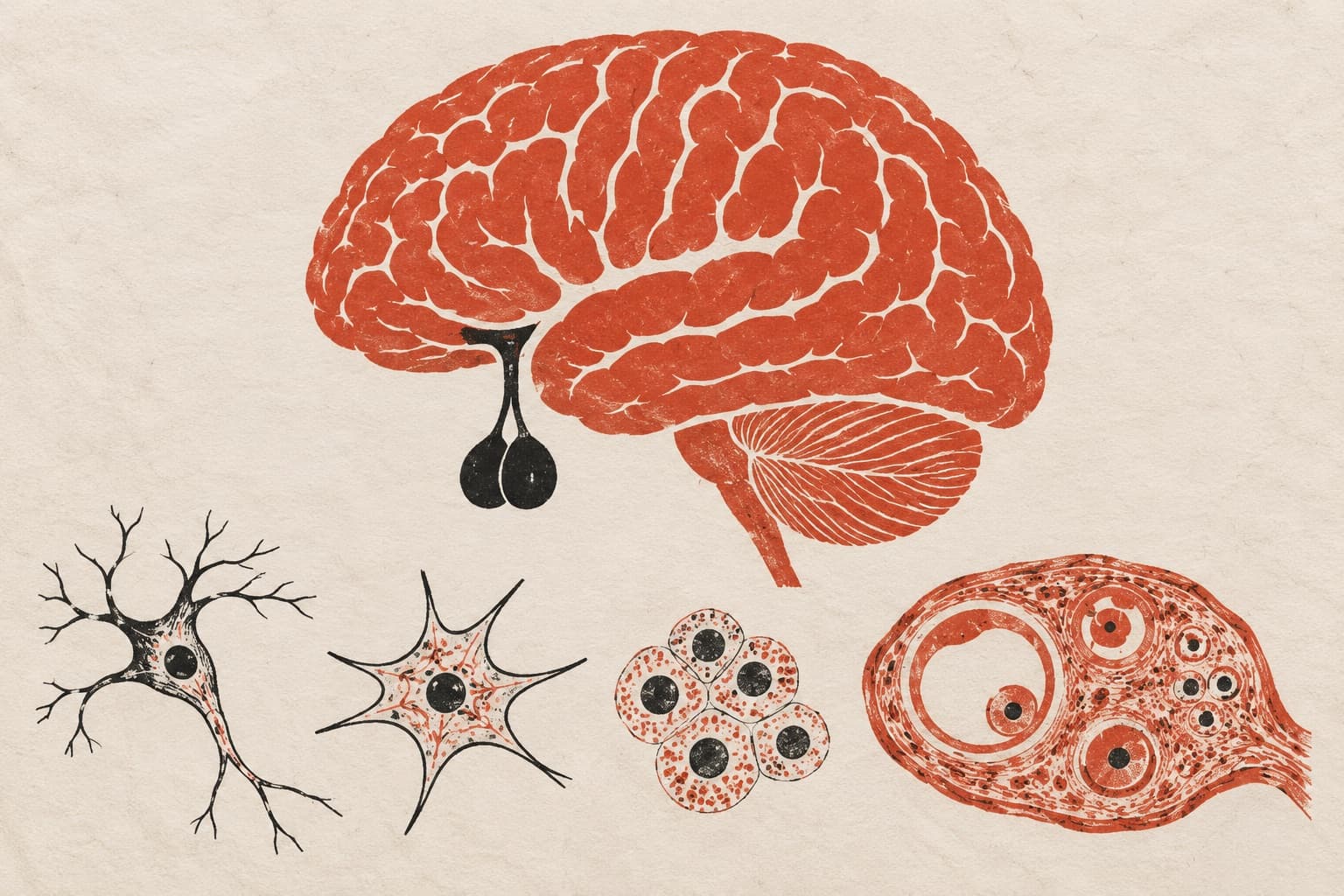 A brain with a prominent pituitary gland suspended beneath it, above individual cells and an ovary cross-section containing developing follicles.