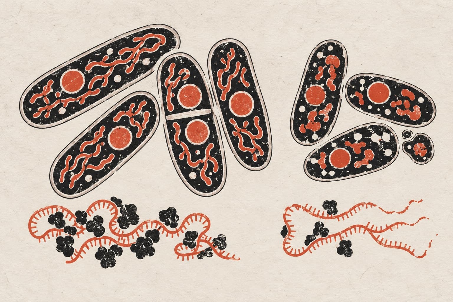 Yeast cells showing tubular versus fragmented mitochondria above two messenger RNA strands, one densely bound by ribosomes and the other sparsely.