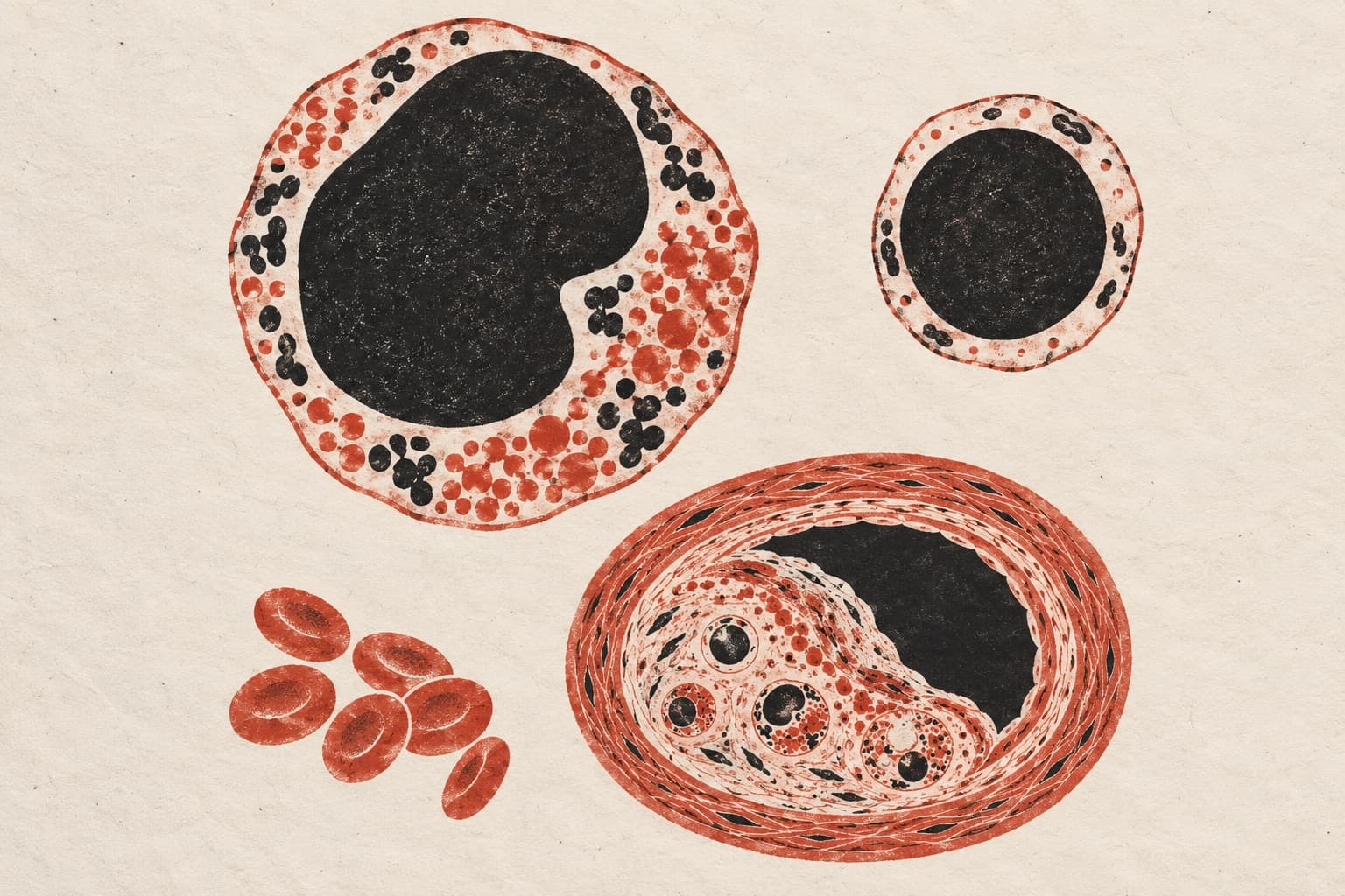 A cross-section of an artery narrowed by a cell-laden plaque beside two granular CD8 T cells and several red blood cells.