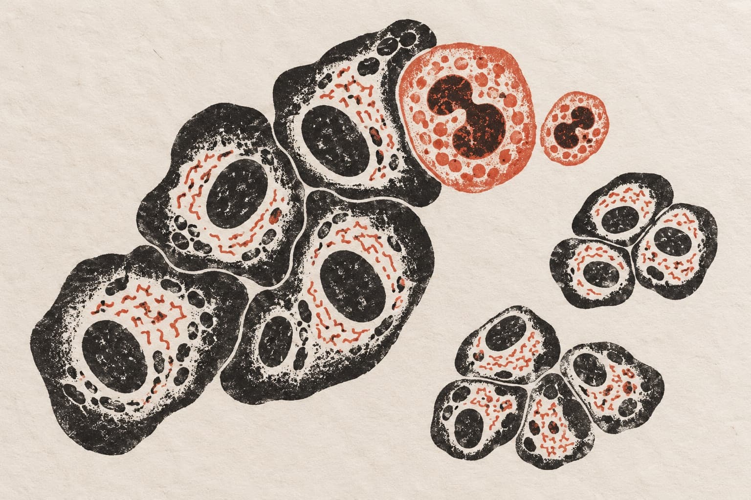 A round reddish granular cell stands beside a cluster of dark, irregularly shaped cells, contrasting with smaller cell clusters nearby.