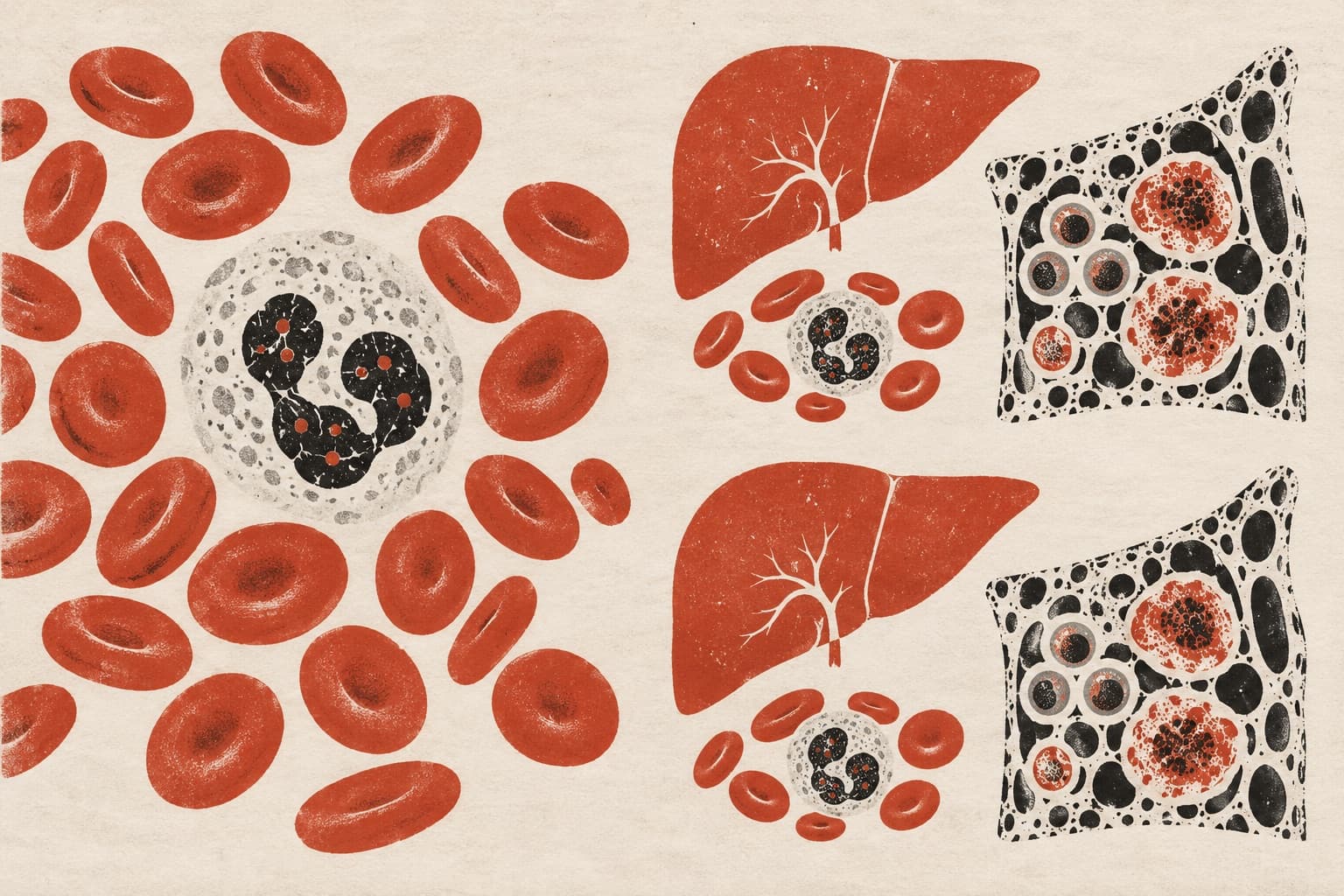 A large white blood cell ringed by red blood cells, beside repeated pairs of a liver, smaller blood cells, and a square cross-section of cellular tissue.