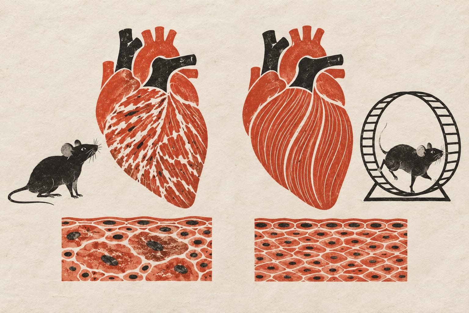 A scarred heart and irregular cells beside a resting mouse contrast with a healthy heart and uniform cells beside a mouse running on an exercise wheel.