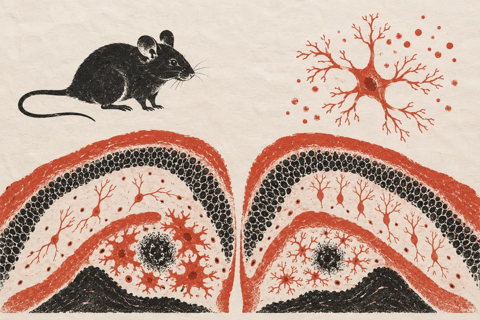 A mouse and a secreting astrocyte above two cross-sections of the hippocampus showing sparser and denser populations of neurons.