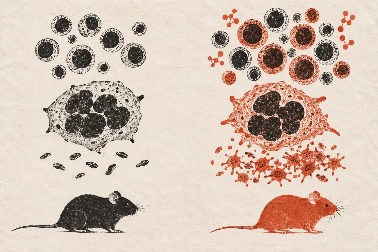 A black mouse beneath smooth, resting platelets beside a red mouse beneath spiky, hyperreactive platelets, both under megakaryocytes and stem cells.