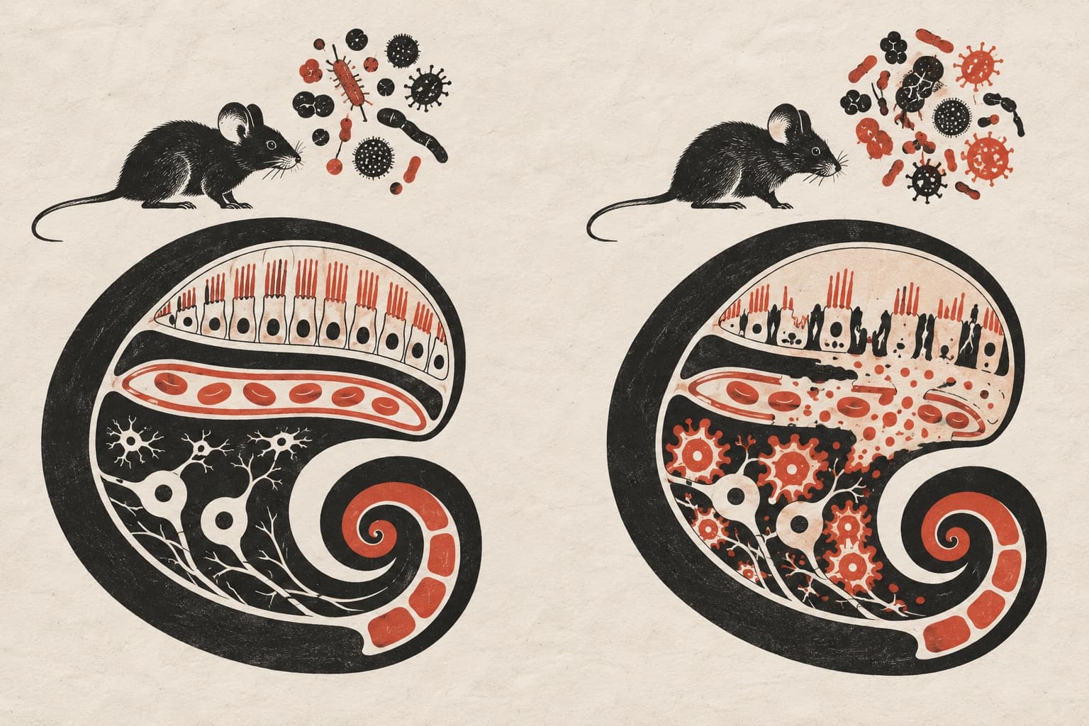 Two mice exposed to microbes above diagrams of an intact inner ear on the left and a damaged, leaking inner ear with dying hair cells on the right.