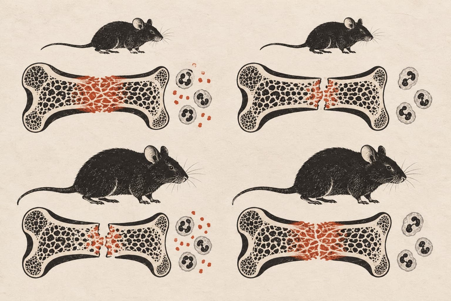 Young and aged mice above cross-sectioned bones that either knit with a red callus or stay broken, flanked by immune cells with or without granules.