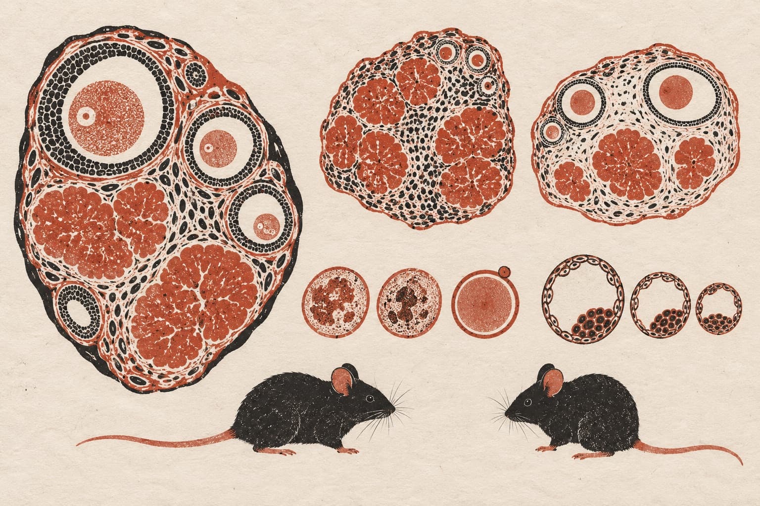 Cross-sections of ovaries showing dense and sparse follicles above rows of oocytes, blastocysts, and two black mice facing each other.