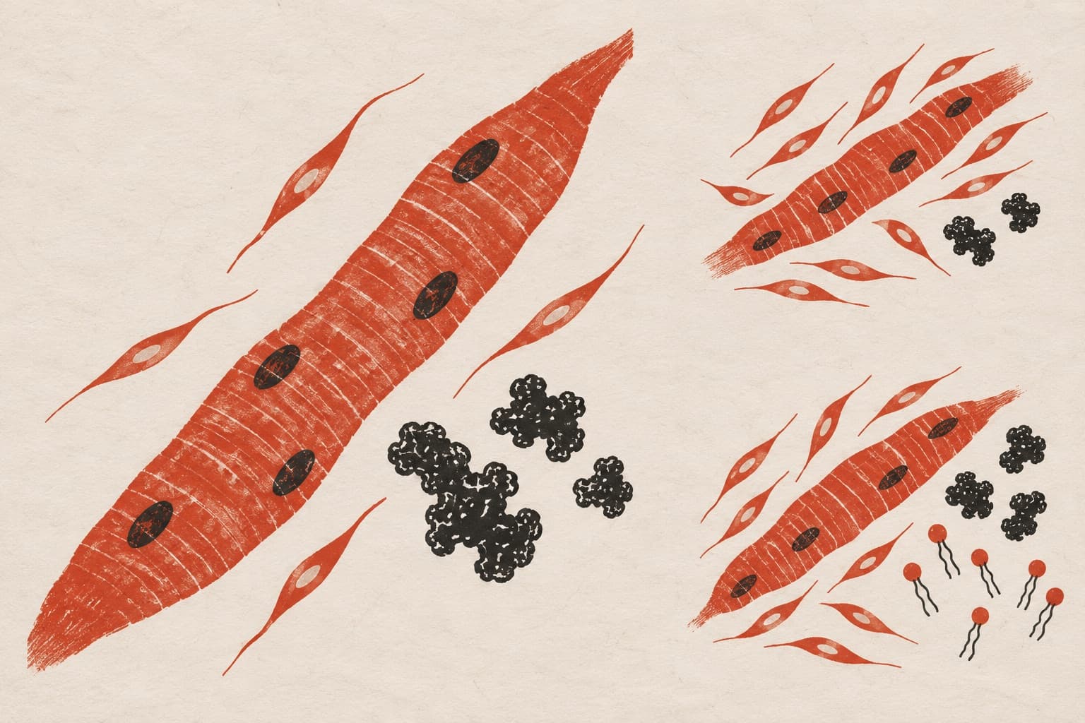 Striated muscle fibres surrounded by spindle-shaped stem cells, dark clusters of an enzyme, and lipid molecules.