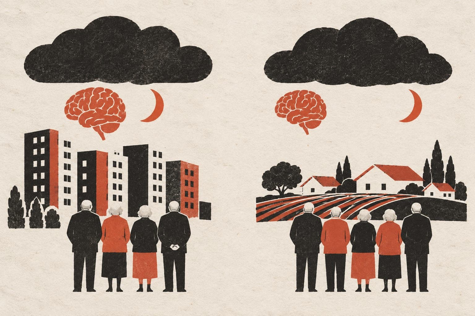 Older adults stand in urban and rural groups beneath dark clouds, with brains and crescent moons closer together above the urban group.