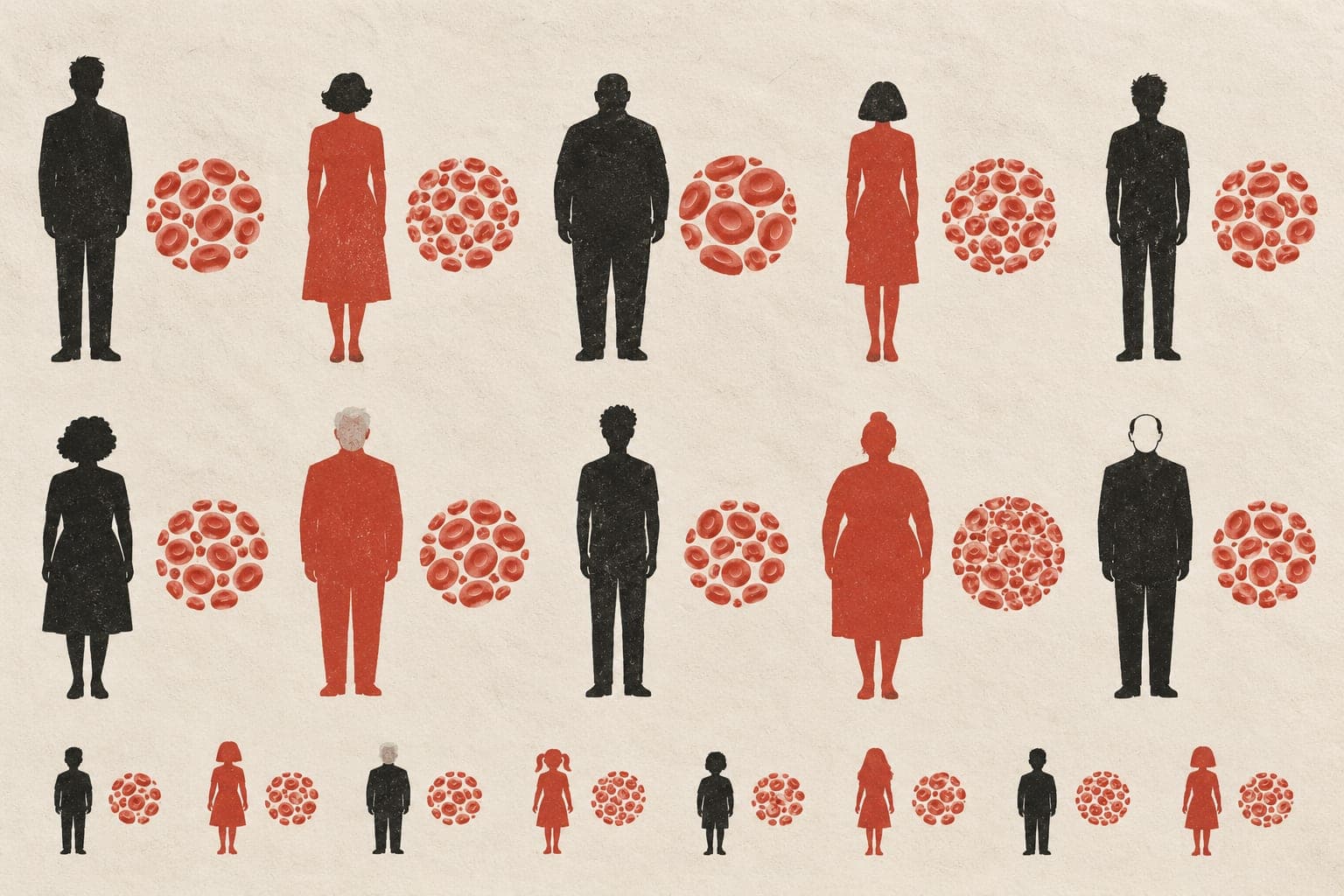 Upright, faceless people of varied ages and builds stand beside clusters of red blood cells, some densely packed and others more sparse.
