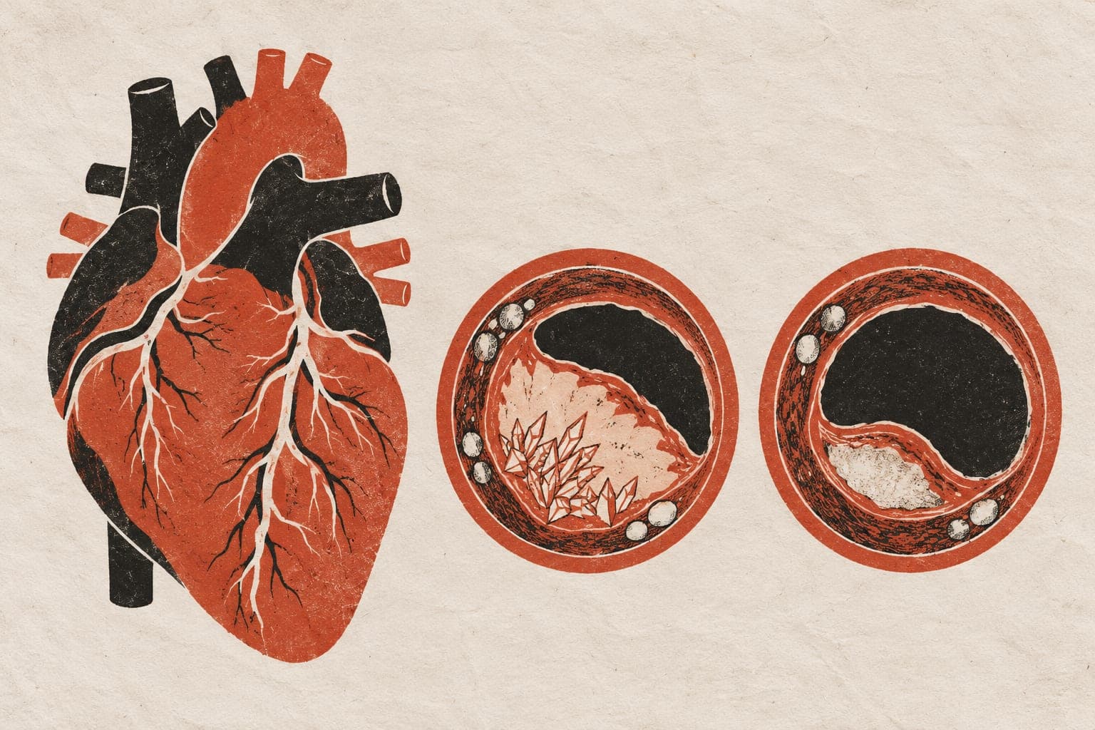 A heart beside artery cross-sections shows bulky plaque with sharp urate crystals against smaller plaque without crystals, with calcium deposits in both.