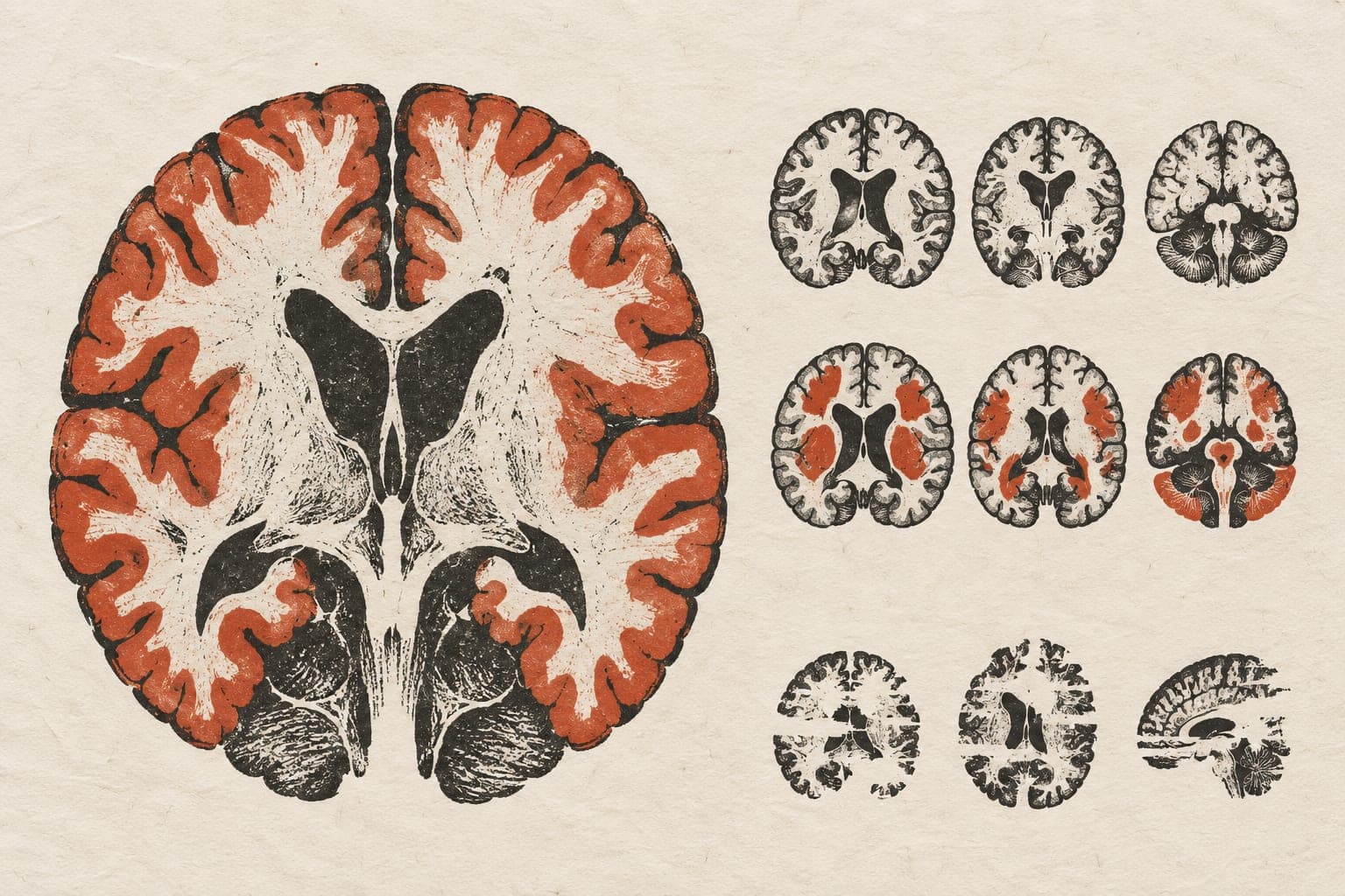 A large brain section sits beside orderly smaller sections, some with highlighted regions, while incomplete scans are grouped separately below.