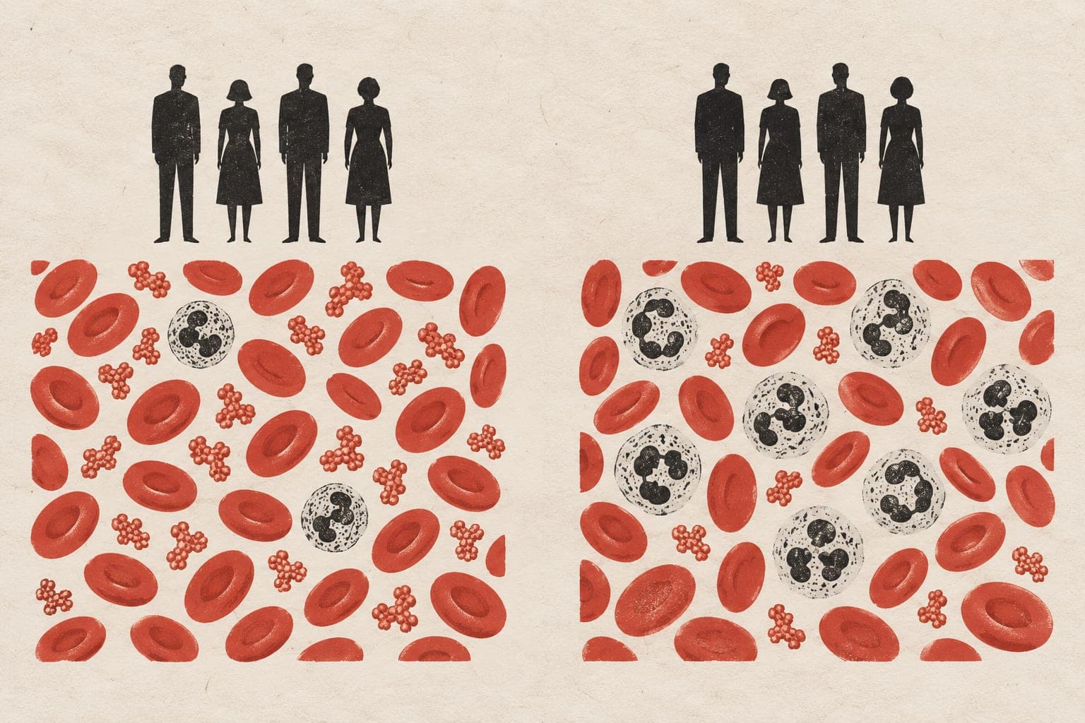 Blood cells beneath groups of upright, faceless people show sparse white cells and abundant proteins beside denser white cells and fewer proteins.