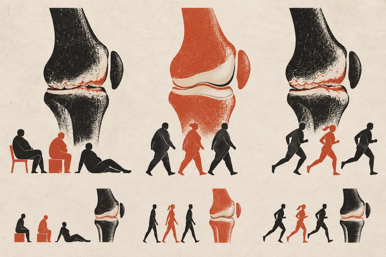 Knee joints show smoother cartilage beside broader walkers and worn cartilage beside resting and running groups; slimmer groups have similar joints.
