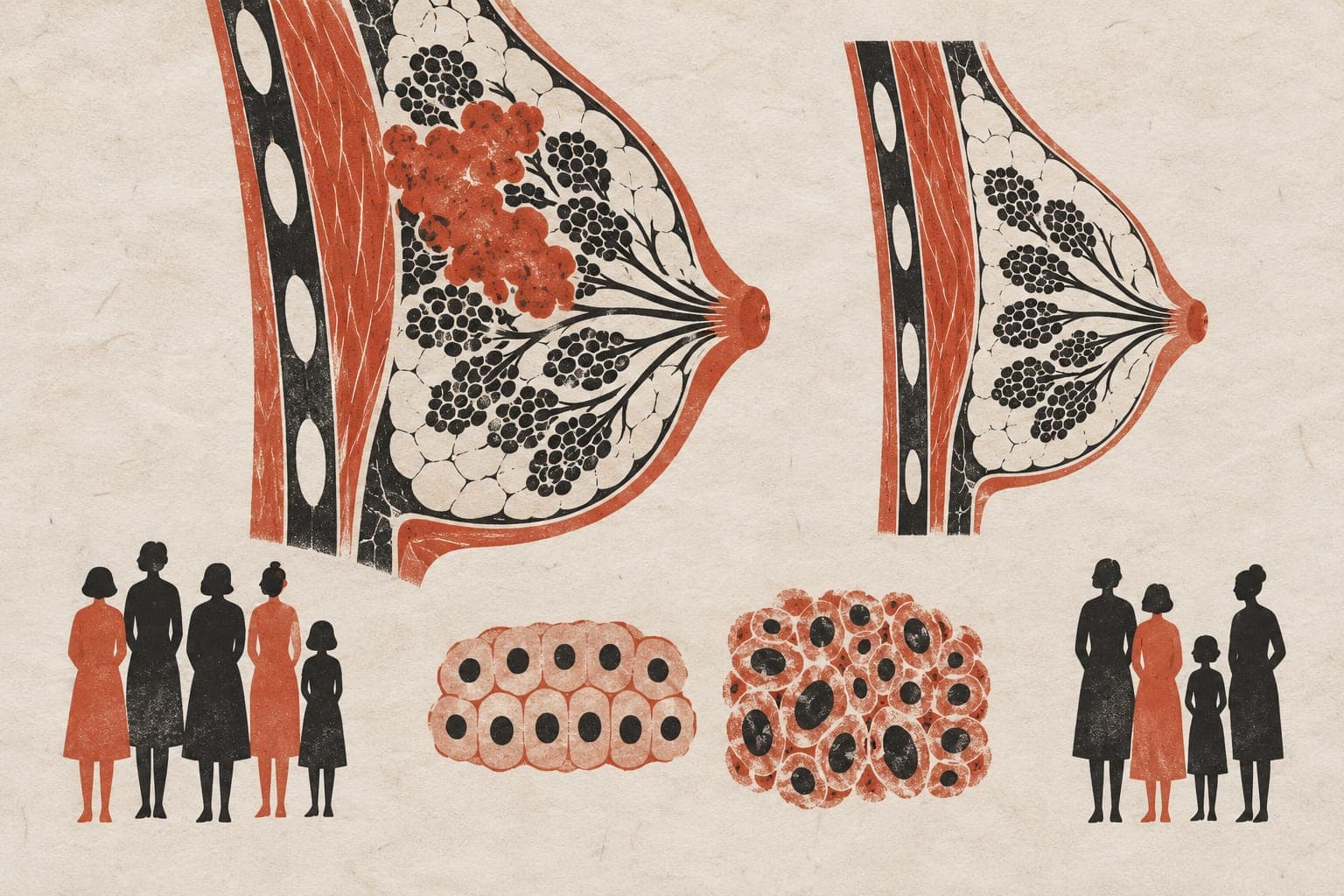 Breast sections show a tumour beside healthy glands, with orderly and crowded cells below and small faceless women standing in family groups.