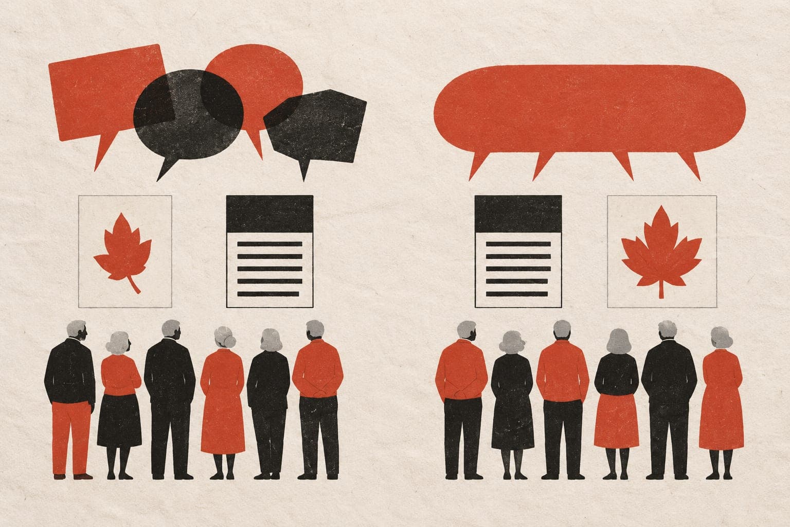 Older adults stand in groups beneath varied or shared speech bubbles, with a smaller or fuller leaf on test cards and matching questionnaires.
