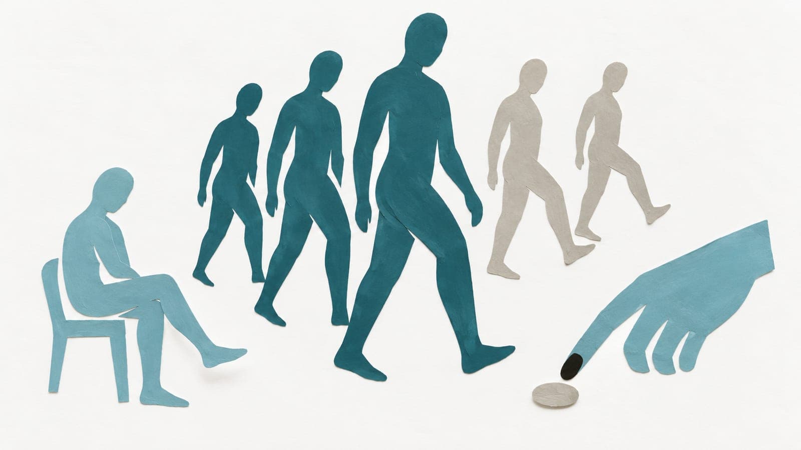 Dark blue-green figures step with feet low beside gray figures lifting theirs higher, a seated person raising a foot and a finger poised above a button.