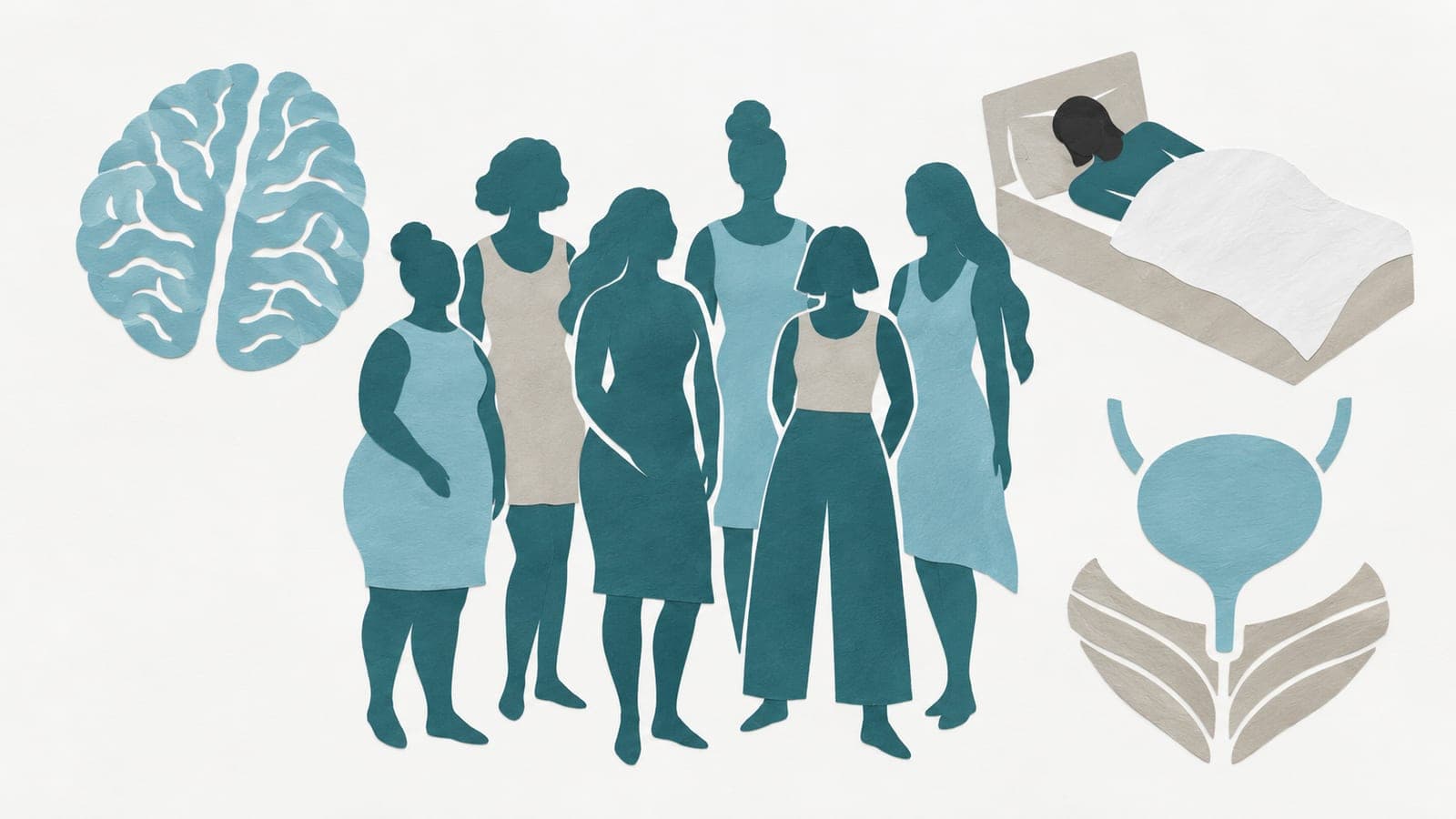 A group of upright, faceless women stands beside a brain with branching folds, a woman resting in bed, and a bladder above layered pelvic muscles.