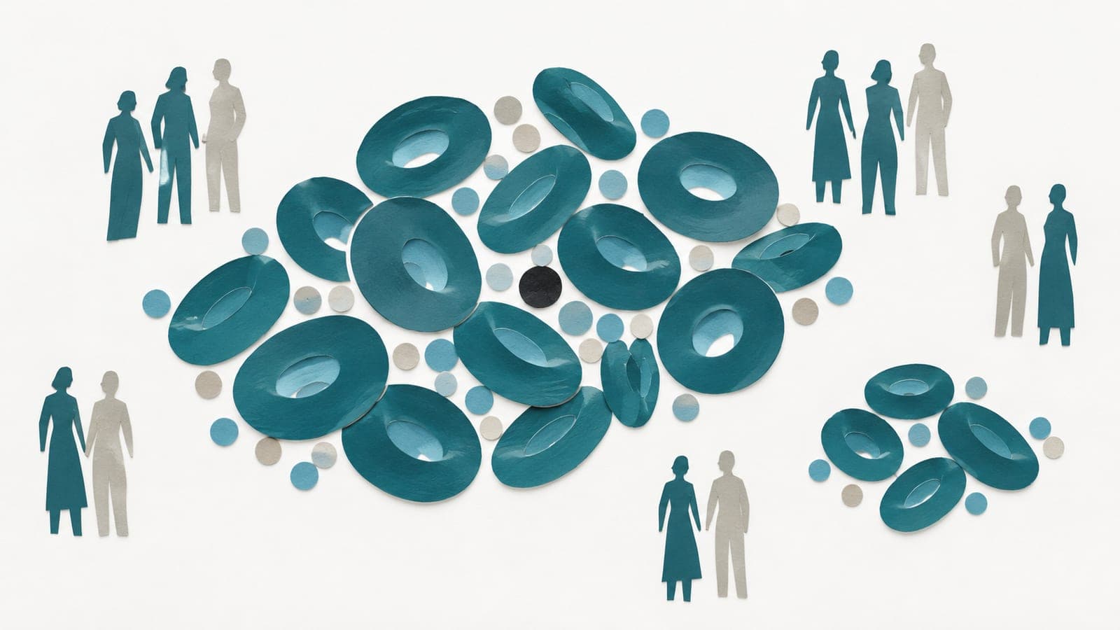 Blood cells form a large cluster and a smaller cluster with fewer particles, surrounded by small groups of upright, faceless people.