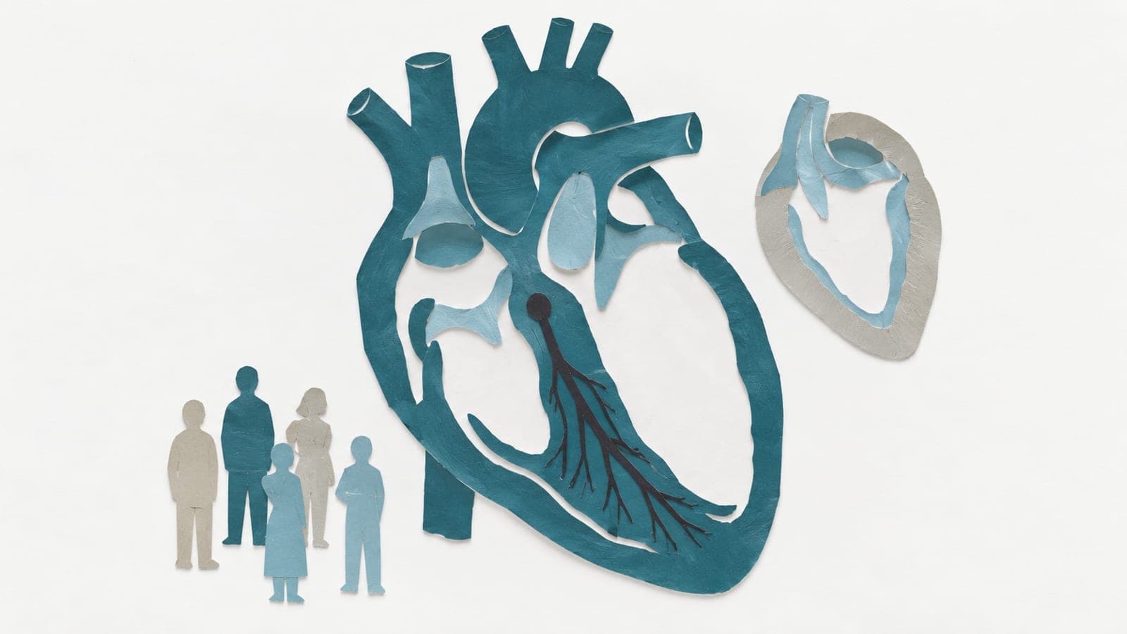 Heart cutaway with an enlarged chamber and branching electrical pathway, beside a smaller thick-walled chamber and a group of upright people.