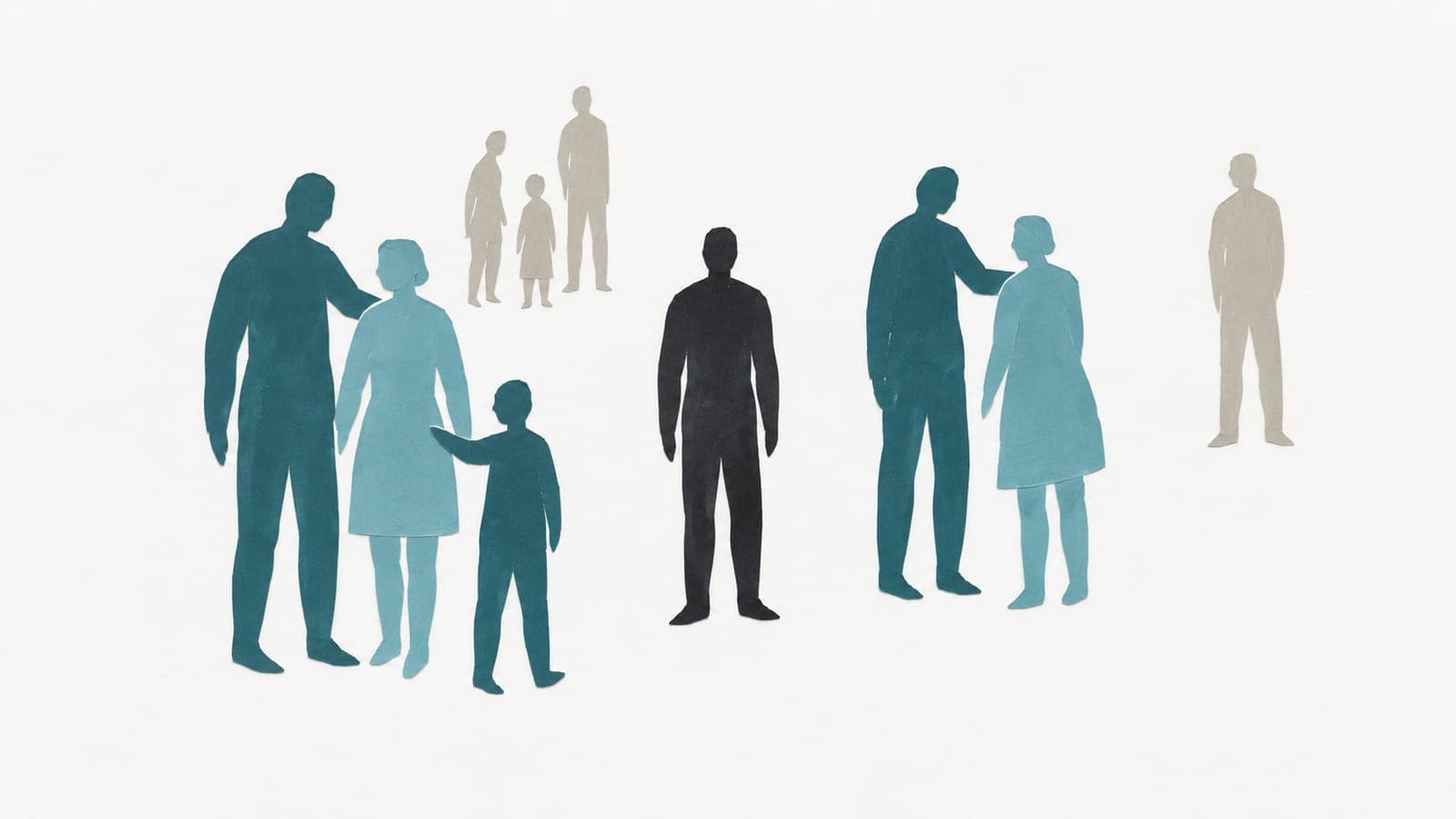 A solitary upright figure stands apart from close family groups and a couple, with smaller gray figures gathered together or standing alone behind.
