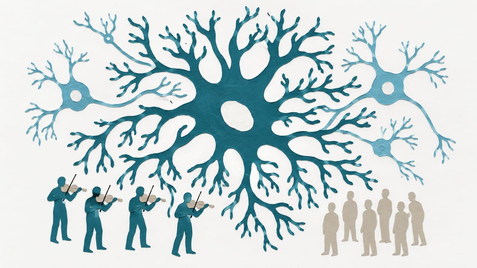 A branching astrocyte surrounded by smaller neurons towers above dark blue-green violin players and gray figures standing without instruments.