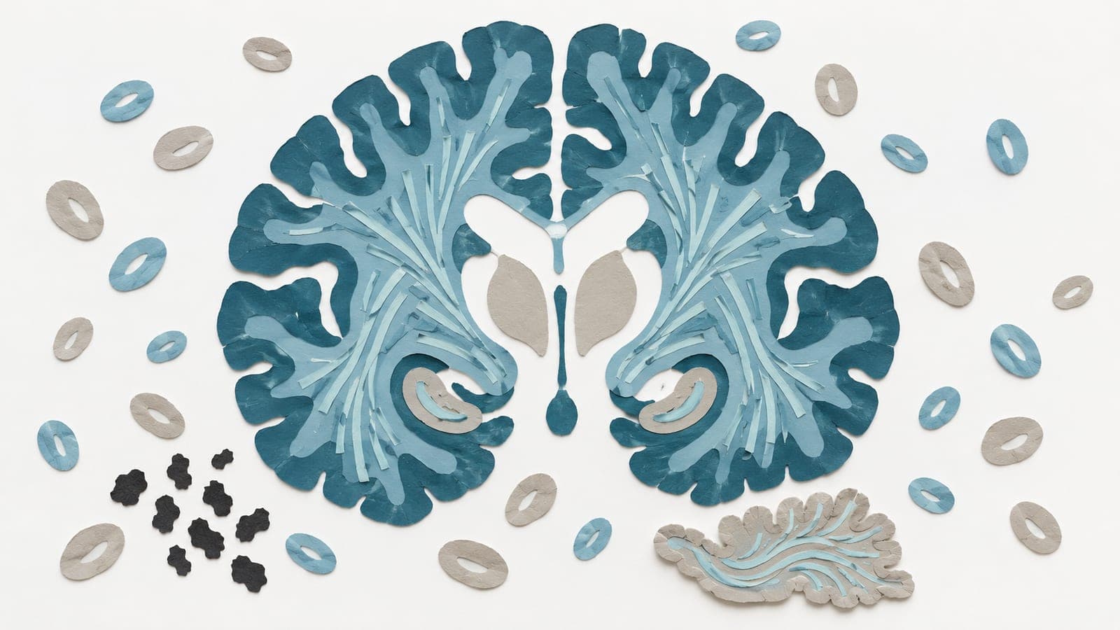 Brain cross-section with broken fibers and widened spaces, surrounded by blood cells, dark protein clusters, and a smaller tissue piece with intact fibers.